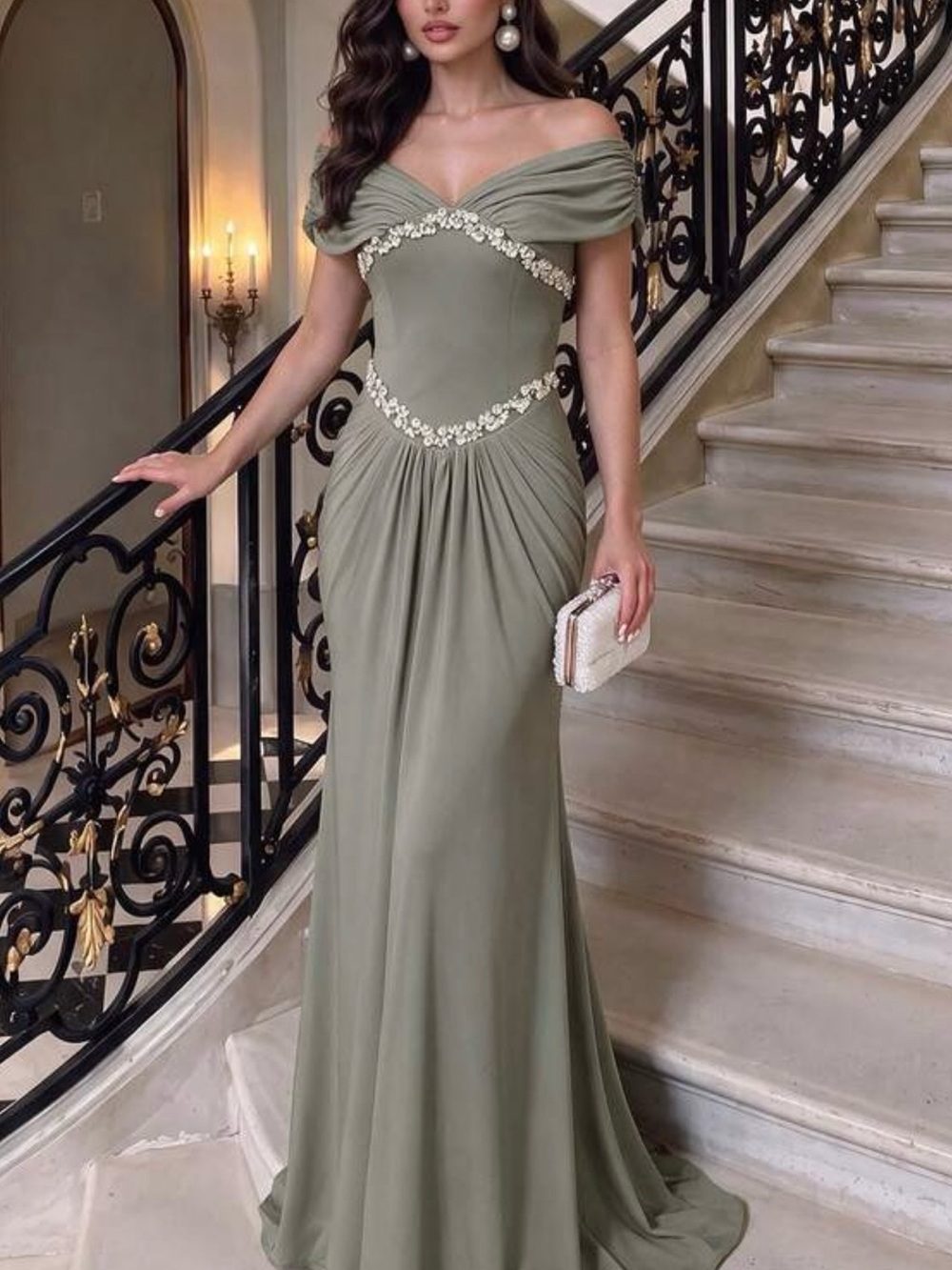 Elegant Off-Shoulder Olive Evening Gownwomen dress